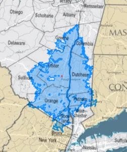 MHAACoverage(rough_1hrDrive) A rough idea of our coverage. The blue area represents a 1hr drive from New Paltz (red X).