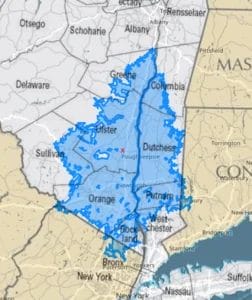 A rough idea of our coverage. The blue area represents a 1hr drive from New Paltz (red X).
